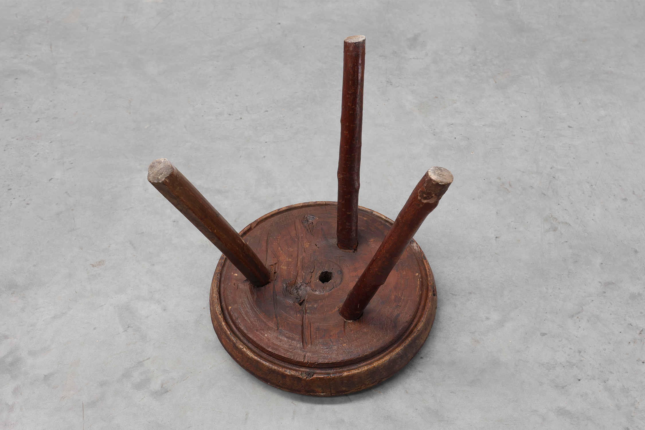 Rustic Wabi Sabi style solid oak tripod stool, France ca. 1850thumbnail